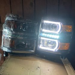 14-15 Chevy Silverado 1500 Chrome Amber Smoke Lens LED Headlights 