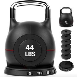 Adjustable Kettlebell Weight Set - 7 Weights from 5 to 44 lbs, Quick-Change Handle for Home Gym, Space-Saving Design for Strength Training, Black
