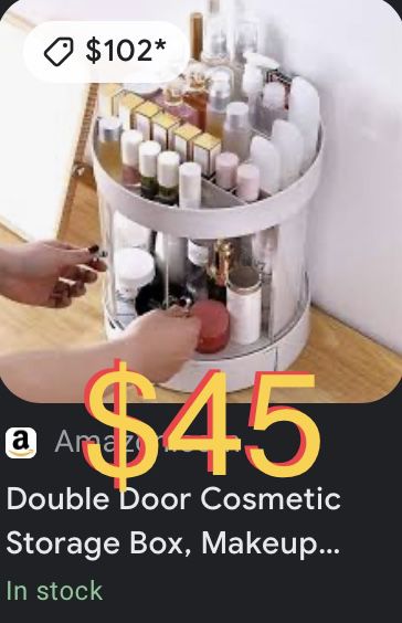 $45 Double Door Cosmetic Storage Box, Makeup Organizer with 2 Spin Drawers, Skincare Organizer for Bathroom and Vanity Dresser