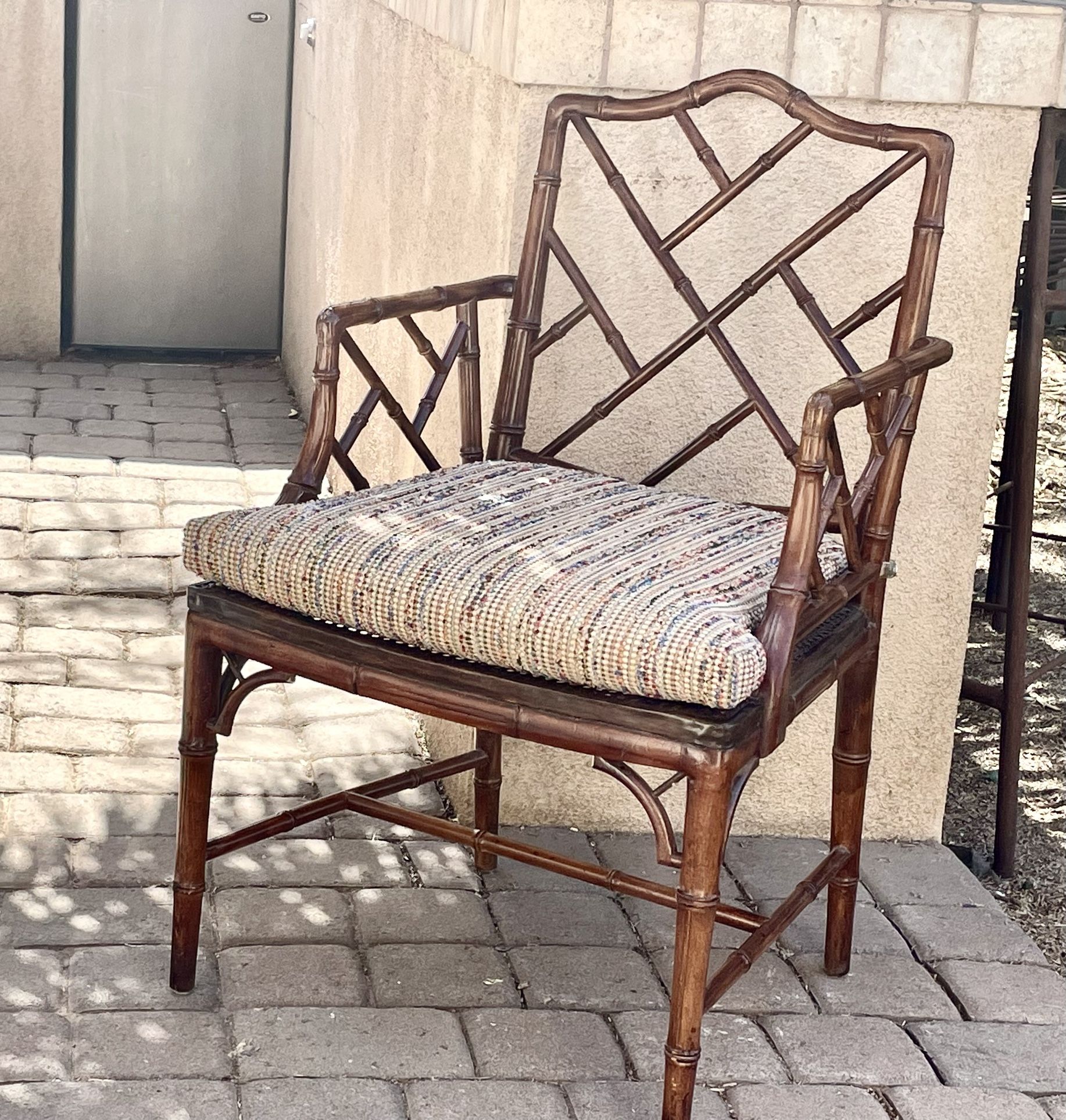 Nice Near Perfect Vintage Chinoiserie Lattice Back Cockpen Faux Bamboo Armchair Desk Chair