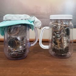 Two Mystery Jewelry Jars! Mason Jar Drinking Mugs Filled With Variety Of Costume Jewelry, Necklaces, Earrings, Beads, Singles & Partially Broken Great
