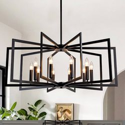 Black Chandelier for Dining Room,10-Light Kitchen Chandelier Light Fixture Modern Farmhouse Geometric Metal Hanging Industrial Chandeliers for Entrywa