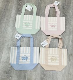 TRADER JOE'S MINI PASTEL STRIPE CANVAS TOTE BAGS SET Of 4 PINK BLUE GREEN BEIGE