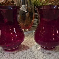Pair Of Ruby Red Translucent Glass Vases Or Candle Holders 