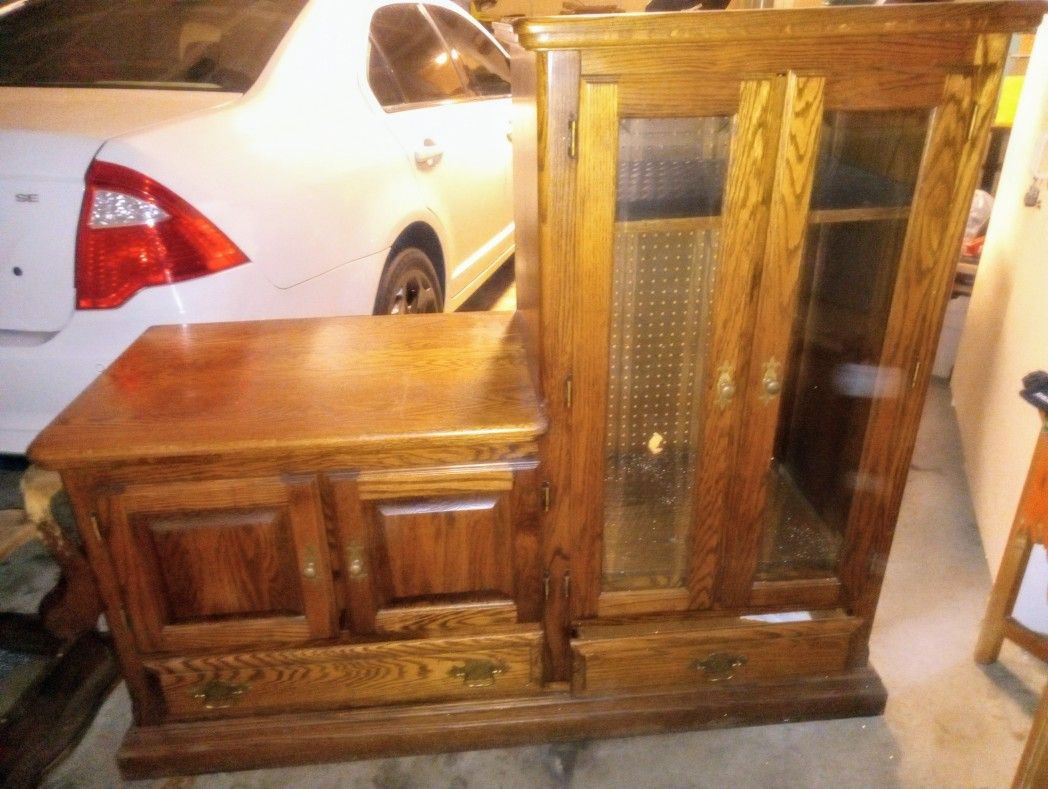 Vintage Wooden TV Unit W/ Glass Door Storage Cabinet