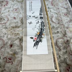 Long Vintage Chinese Scroll Birds In Branches 