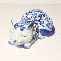 Porcelain Cat Figurine Blue Flowers