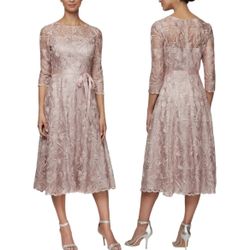 Alex Evenings Women's Tea Length Embroidered Dress Illusion Sleeves Rose 6 NWT