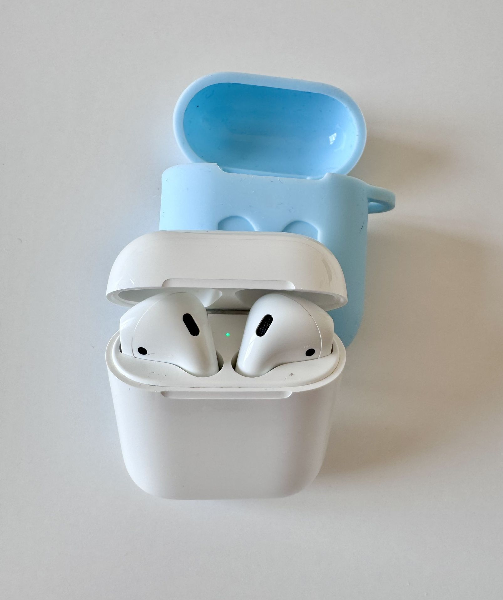 Genuine Apple AirPods 2 + Blue Silicone Case. Clean, Works Perfectly.