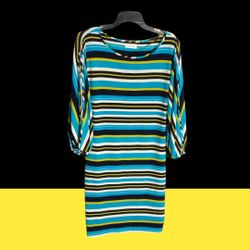 Calvin Klein Blue, Yellow, Black, White Striped Dress w 3/4 Split Sleeves Wm 4