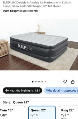 SleepLux Inflatable Air Mattress Queen 22"