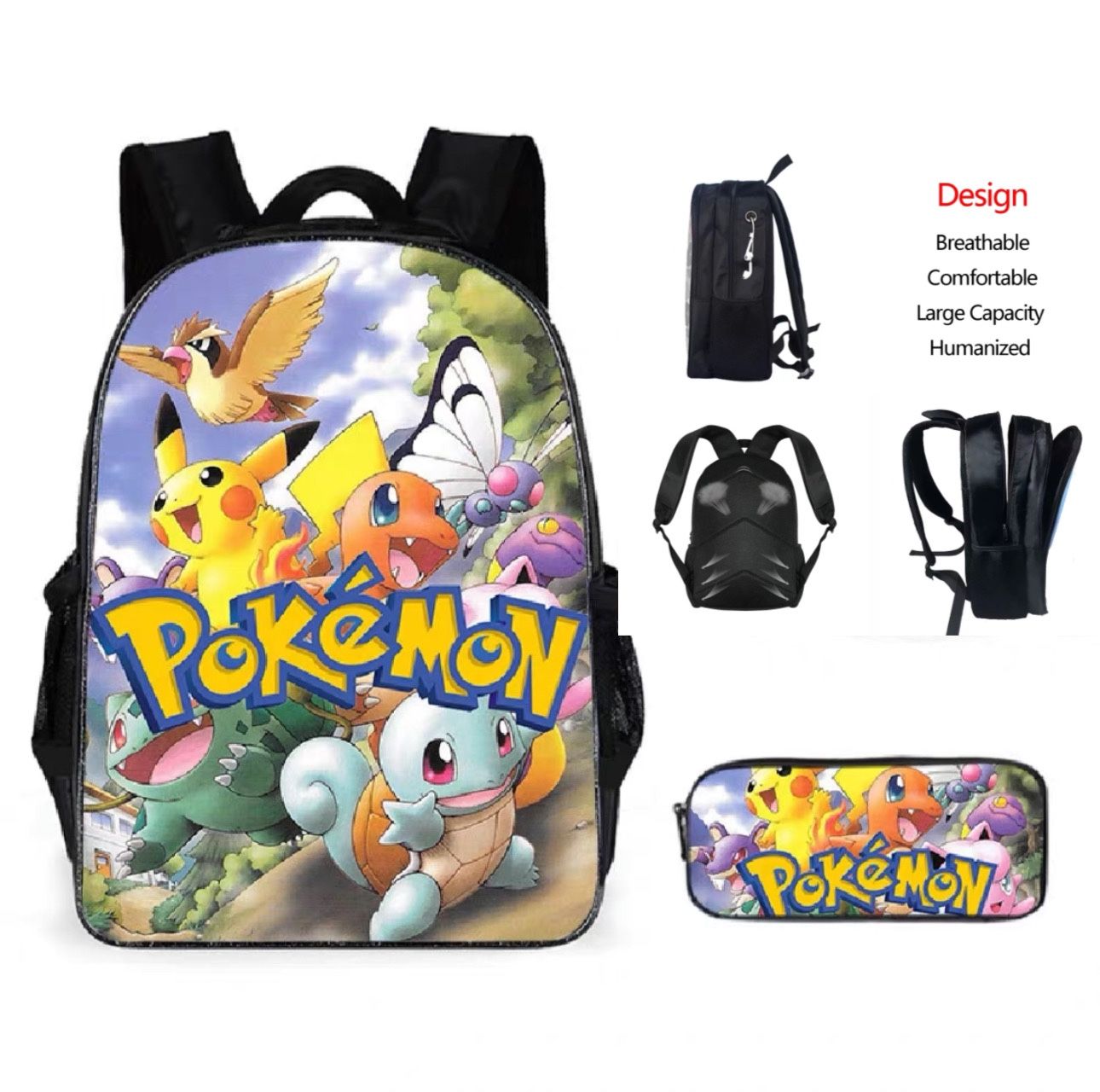 Pokemon Backpacks For Boys Teen Cartoon Backpacks Black Bookbag Large Capacity Sports Backpacks Travel Bags