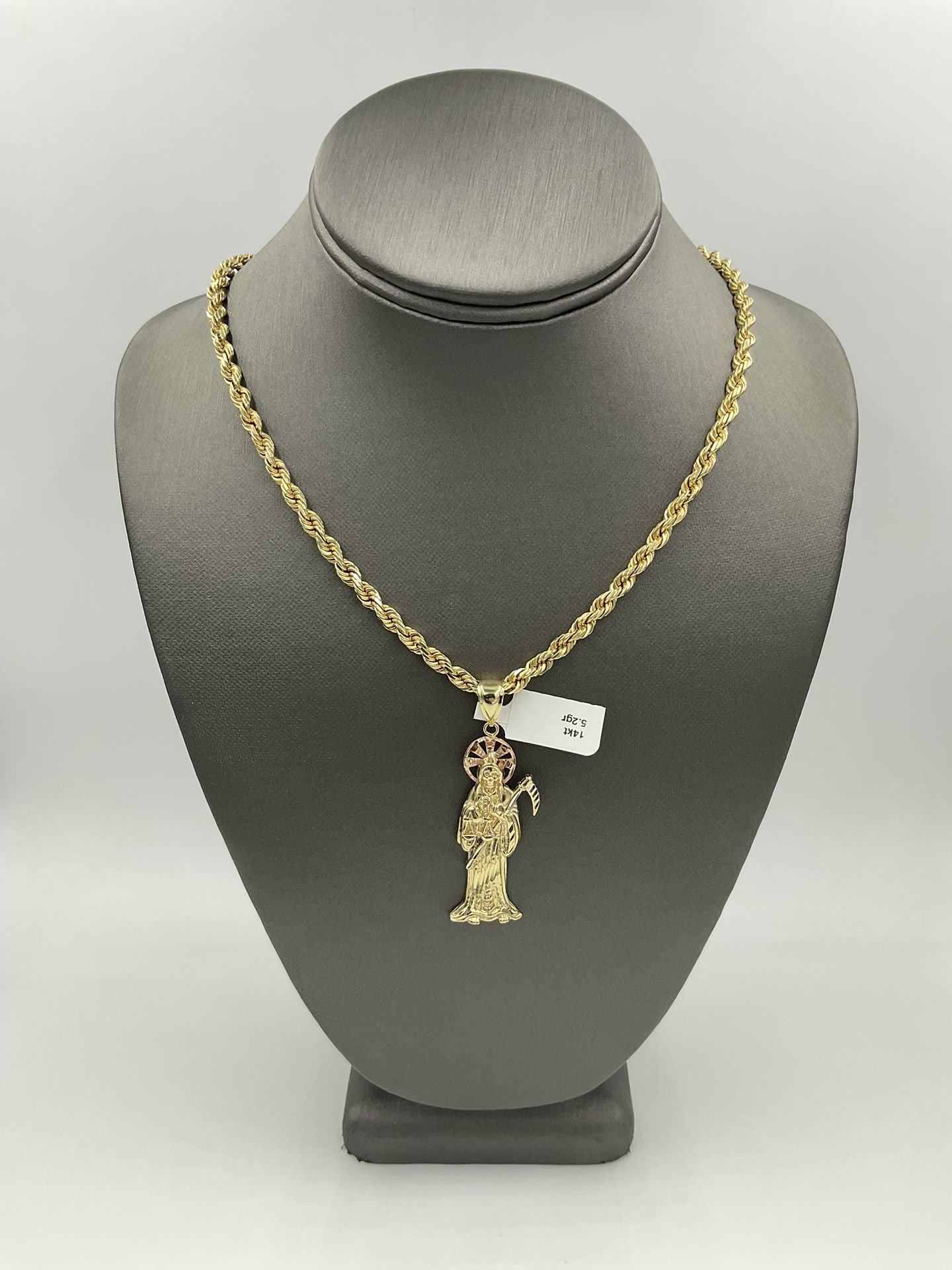 14KT YELLOW GOLD 24” ROPE CHAIN 44.4GR 4.00MM W/ 14KT YELLOW GOLD SANTA MUERTE CHARM 5.2GR
