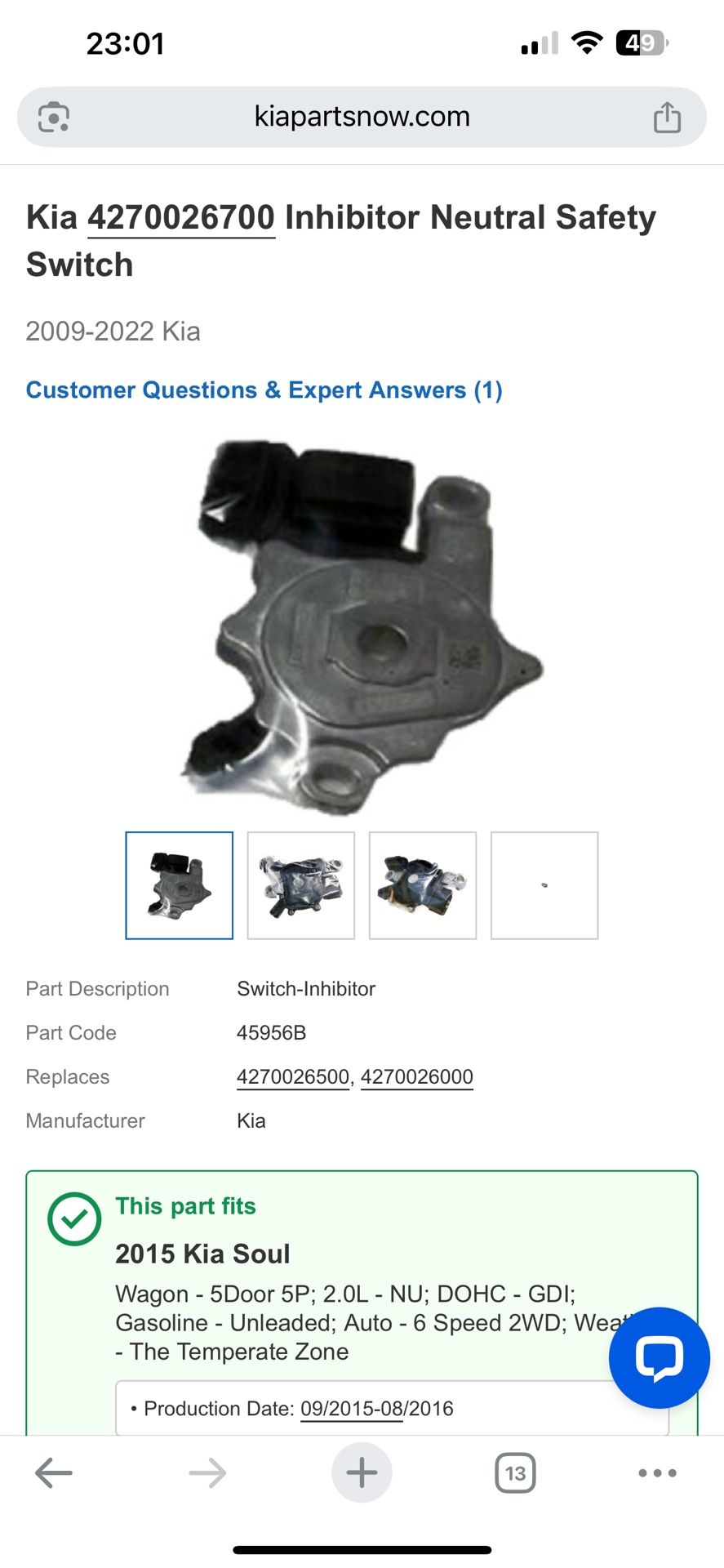 Kia Hyundai (contact info removed)700 Inhibitor Neutral Safety Switch