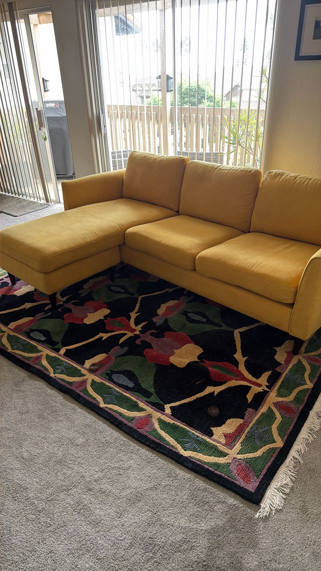 90” Buttercup Yellow Fabric Sofa & Swivel Chair with Reversible Chaise