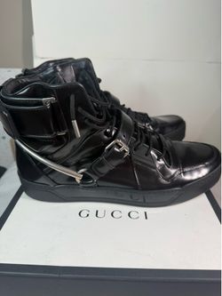 Authentic Gucci Black Leather High Top Sneakers Boots Made in Italy with Box & Dust Bags