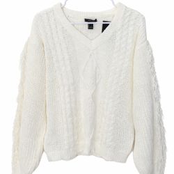 Cream Knit V-Neck Sweater with Fringe Sleeves ✨