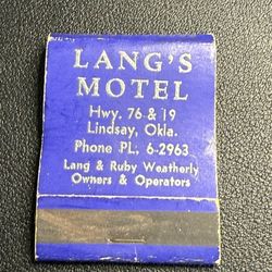 Vintage 1960s Matchbook Lang’s Motel Lindsay OK, Partial, Struck