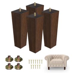 Couch Legs for Furniture Set of 4, Pyramid Square Wooden Furniture Legs 6 Inch, Mid Century Modern Brown Color Sofa Legs Replacement for Ottoman, Chai