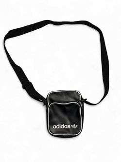 Adidas Originals Festival Crossbody Bag Black White Trefoil Faux Leather Mini Sling Shoulder Bag 90s Sportswear Black mini festival bag. Front: White