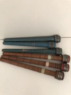 6 Yarn Spools 8 inches long. 3 Blue and 3 Natural Wood.