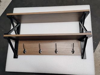 Oak Wooden Laminated Wall Shelf With Hooks 