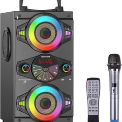 Bluetooth Speakers, 60W Portable Wireless Loud Outdoor Home Party Bluetooth Speaker with Subwoofer, FM Radio, LED Colorful Lights, Microphone, Remote 