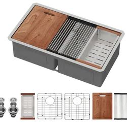 New 30 in. Undermount Workstation Sink with Low Divide 16-Gauge Stainless Steel Double Bowl Kitchen