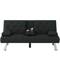Homfa Upholstered Couch Sofa Bed, 66.3'' Folding Futon Sofa with Removable Armrests for Living Room, Black