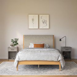$159!!Brand New DHP Dacin Full Size Wood Bed Frame – Beige Upholstered Headboard