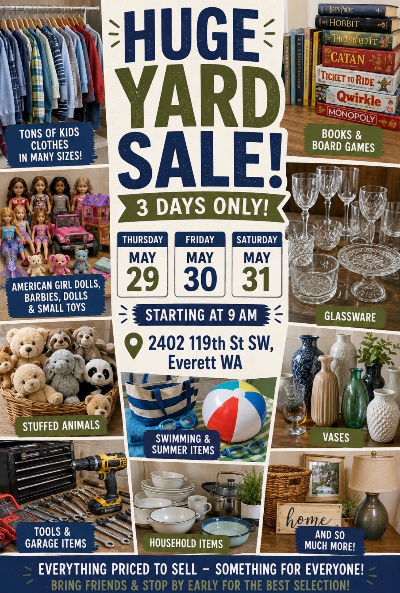 Start 9 am Garage SALE TOMORROW 2402 119th st sw Everett