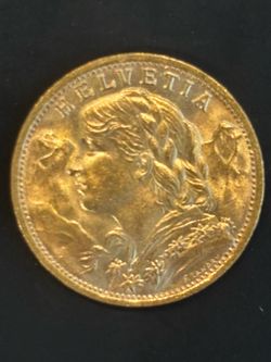 1935 Swiss 20 Franc Gold Helvetia (Vreneli) Coin 6.45 Grams
