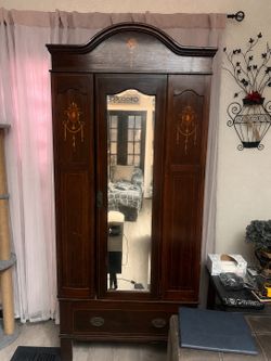 Vintage Solid Wood Armoire/Wardrobe with Mirror & Bottom Drawer