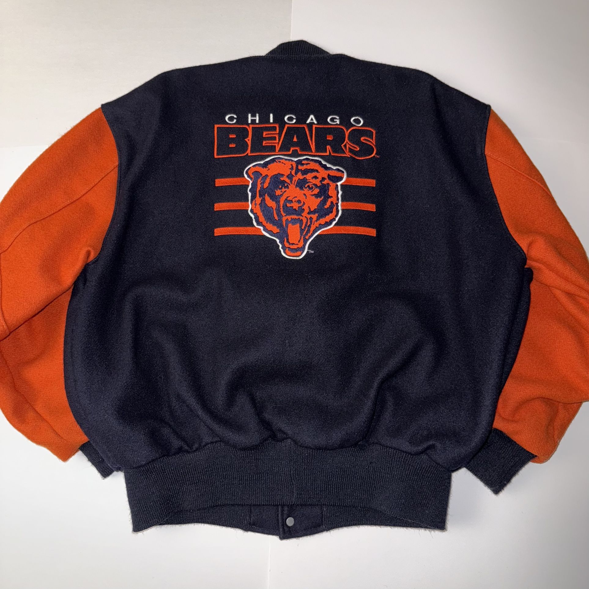 Chicago Bears NFL Football Delong Wool Varsity Bomber Jacket Zip Up Hoodie Sweater Football NFC Navy Orange Embroidered