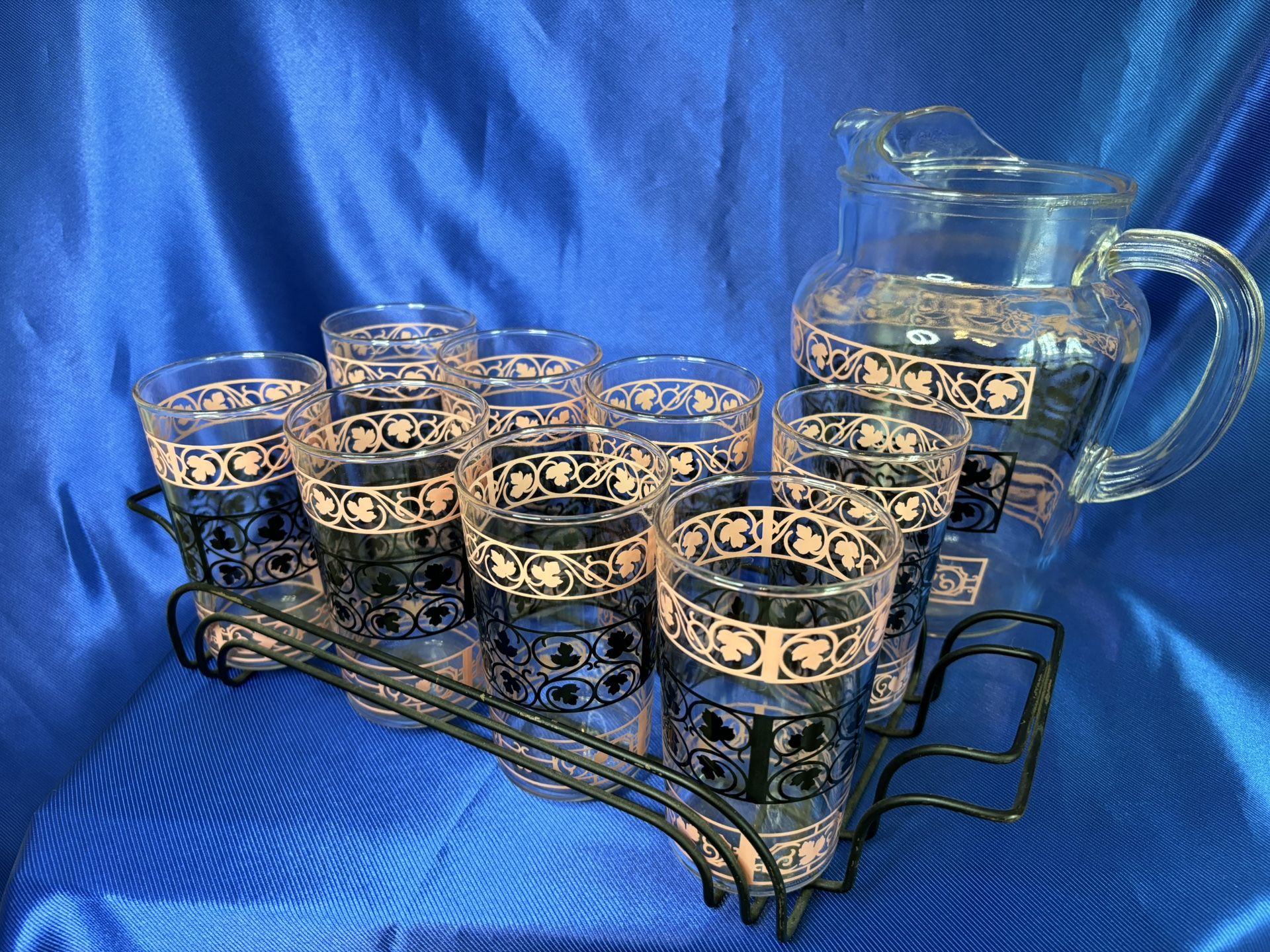Vintage Mid Century Anchor Hocking Pink & Black Pitcher & Glass Set Nice!!!
