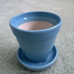 Vintage Glazed Blue Flower Pot With Attached Saucer 3.75” Tall