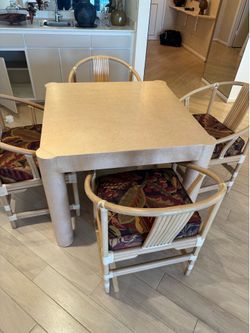 Vintage dining set features a square game table & rattan chairs w/ colorful patterned cushions - Excellent Condition- Retail: $2699