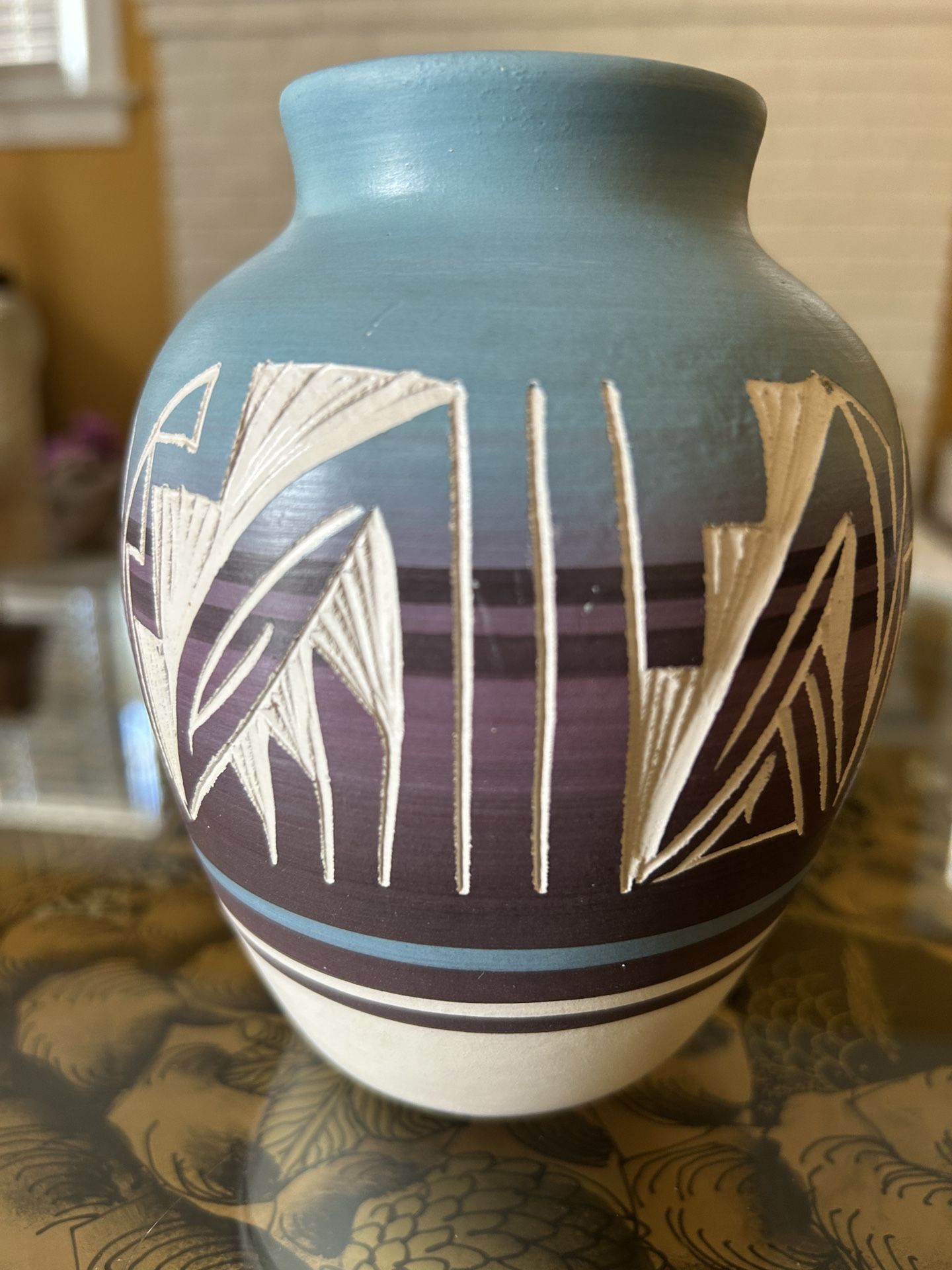 VASE handmade signed pottery 5 inches tall, fabulous design, and colors