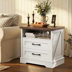 Farmhouse End Table w/ Wireless Charging, 2 Drawers & Open Shelf | White & Wood