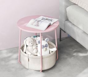 Small Round Side End Table, Modern Nightstand with Fabric Basket, Jelly Pink and Cream White ULET223R61