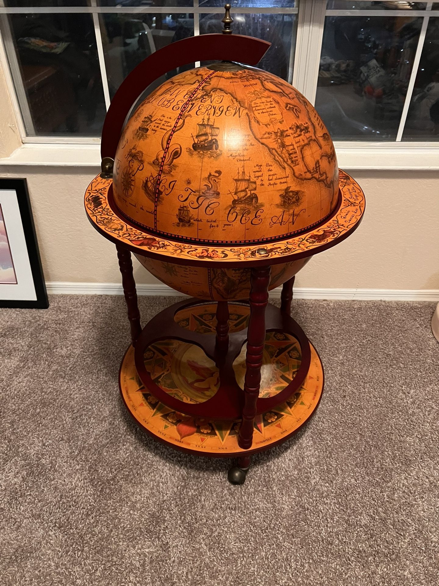 Old World Map Globe Bar Serving Cart Nautical Vintage Italian 16th Century Decor