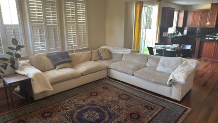 Large Designer L-Shaped Sectional Sofa – Ivory Velvet, Down-Blend Cushions (Orig. $15K)