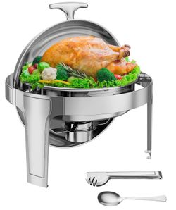 Chafing Dish Buffet Set with Roll-Top Lid, 6 Quart Stainless Steel with 1 Full-Size Pan, Round Food Warmer Server with Lid, Serving Tray Holder