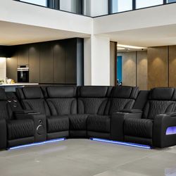 Power Reclining Sectional Sofa With Bluetooth Speakers, Led Lights, Usb-C Ports And Hidden Storage.   🔥  Reclinables  Electricos. Color Negro 