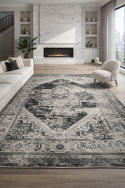 8x10 Dark Gray Charcoal Silk-Pile Area Rug – Distressed Persian-Style Modern Carpet