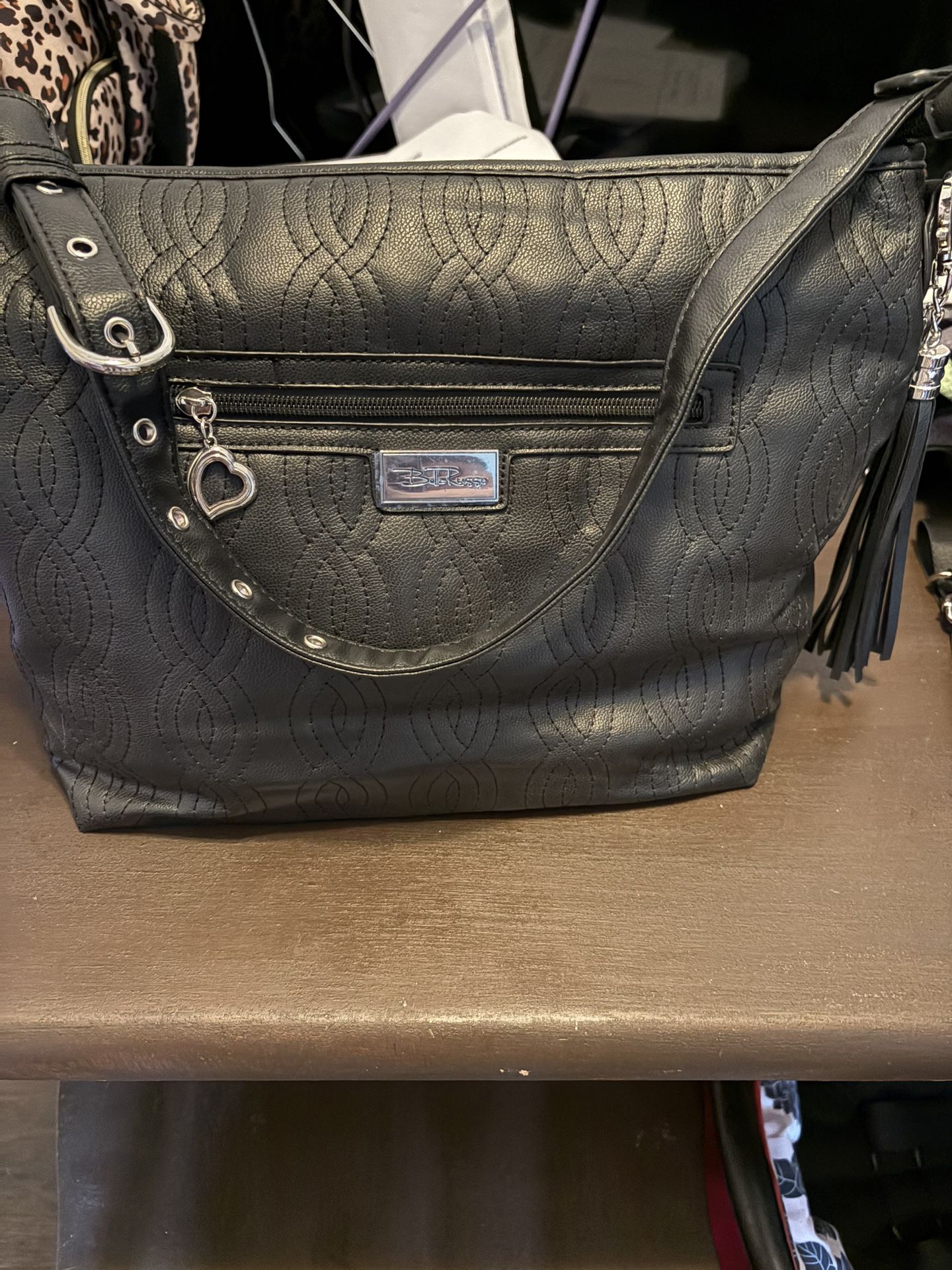 BELLA RUSSO: Black Quilted Purse Faux Leather Handbag Shoulder Bag Tote Tassels