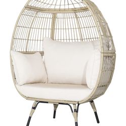 Oversized Egg Chair, Wicker Patio Basket Circle Lounge Chair w/Metal Stand & 4 Thick Cushions, PE Rattan Egg Lounger Outdoor Indoor for Backyard, Balc