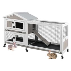 Pet Hutch, Indoor Outdoor Safe & Durable All-Climate Rabbit Hutch, Fir Wood Cage with Wheels