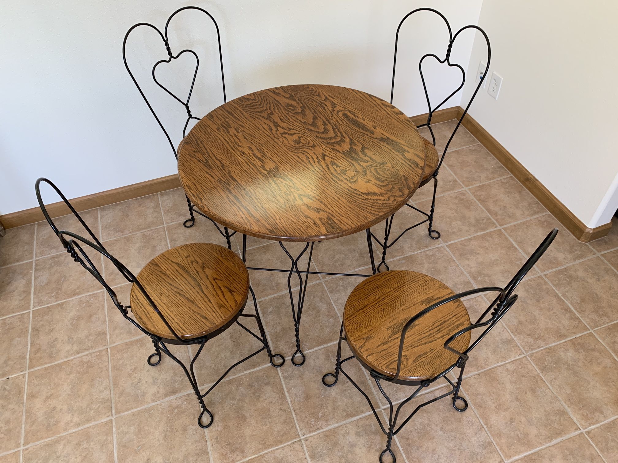 Old Vintage Wrought Iron and Oak Ice Cream Parlor Table & 4 Chairs. Dining Set