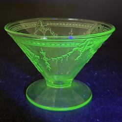 Green Uranium Depression Glass Footed Dessert Sherbet Dish Cameo Rose Print Belmont Tumbler Co.